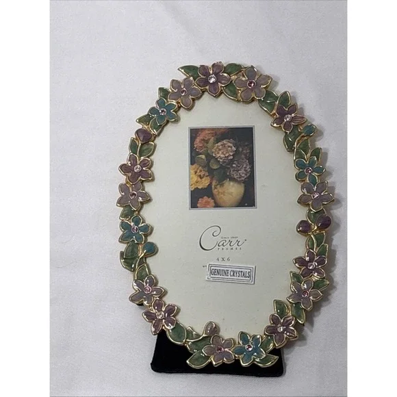 Vtg Carr Purple And Green Enamel & Genuine Crystal Oval Photo Picture Frame 7" - Picture 5 of 5